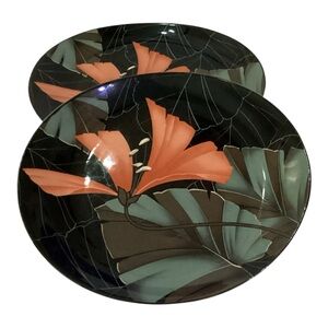 Sango Artistica Salad Plates Set of 2 Tropical Flower Black Peach Markham Korea